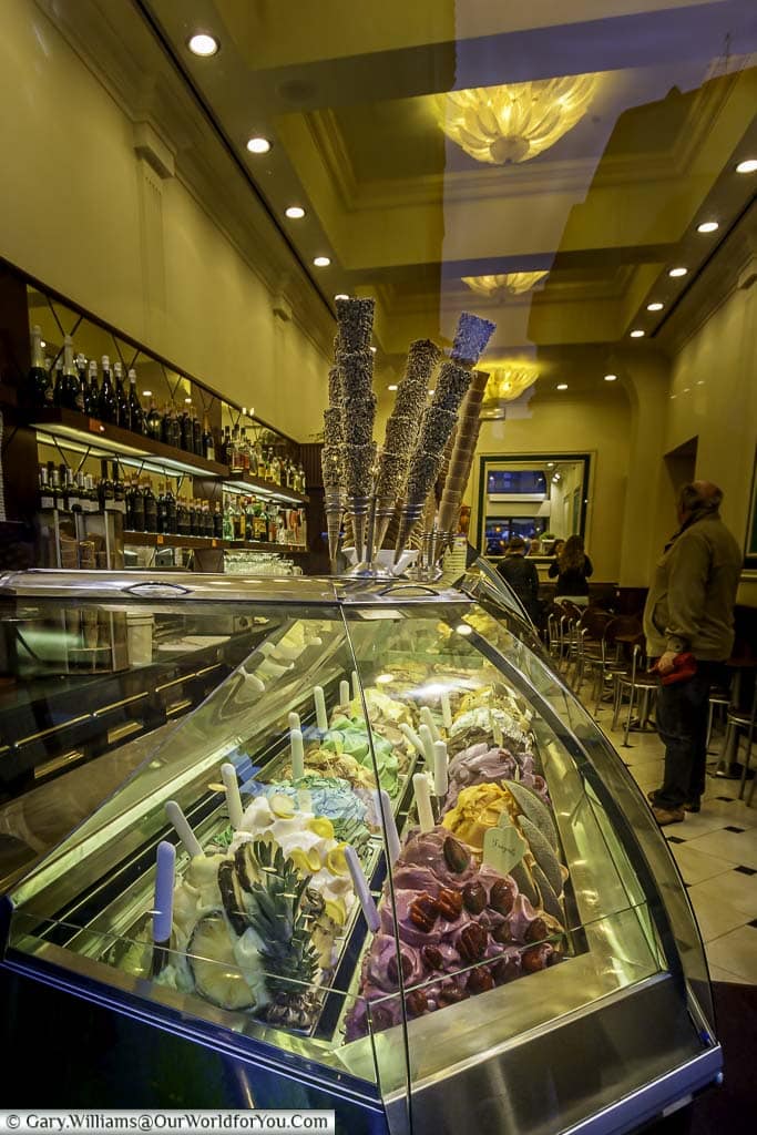 The long counter of an Italian gelateria offering a fine selection of ice-creams