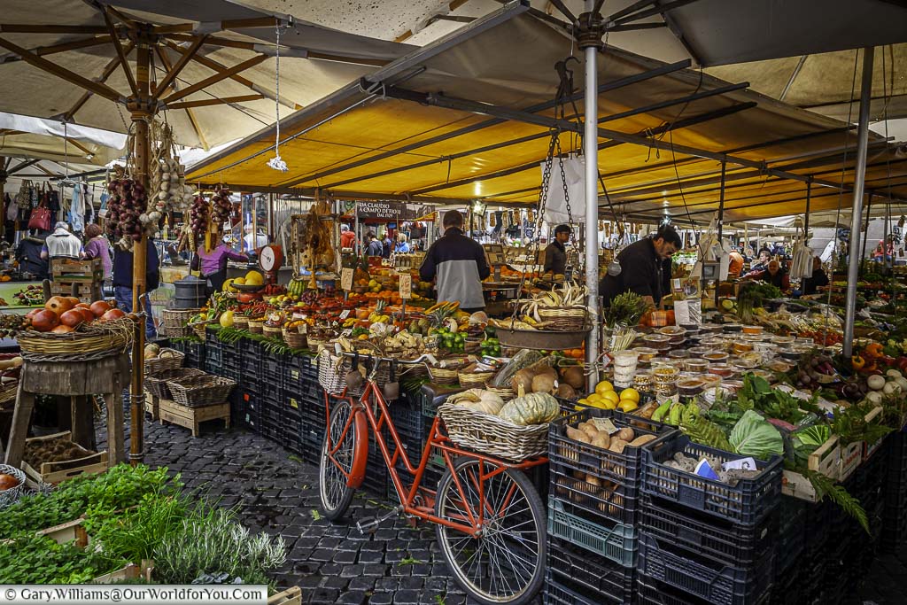 The packed food market in Piazza Campo de' Fiori, Rome, Italy