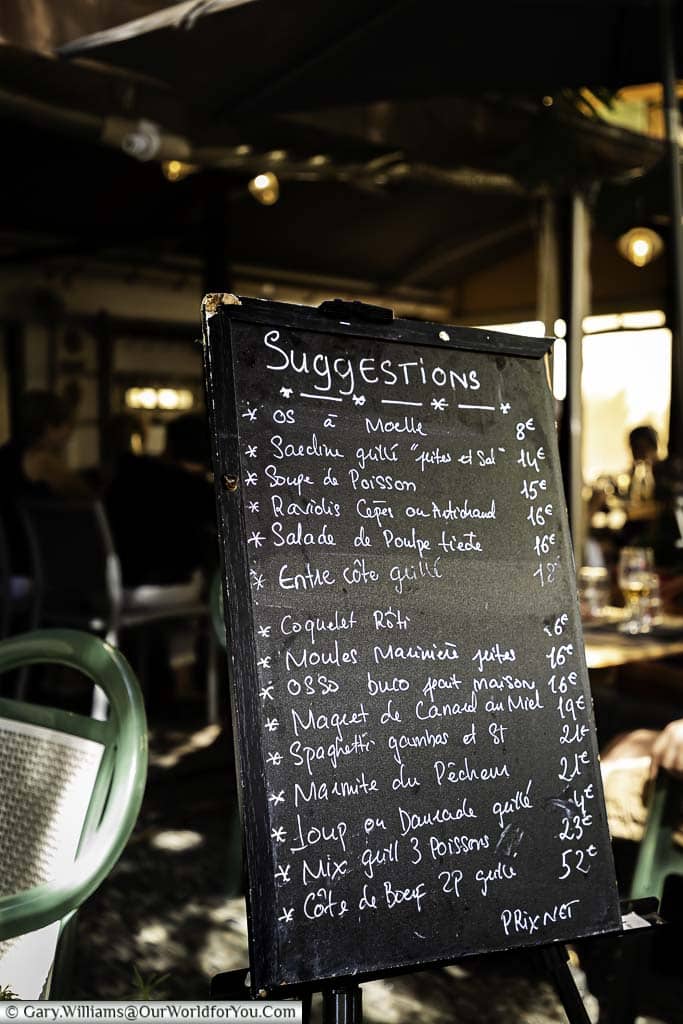 The daily menu, on a chalk board, of the Cote Jardin restaurant in Villefranche-sur-Mer