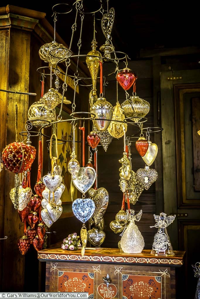 A collection of beautiful vintage baubles on a Christmas market stall in Strasbourg.