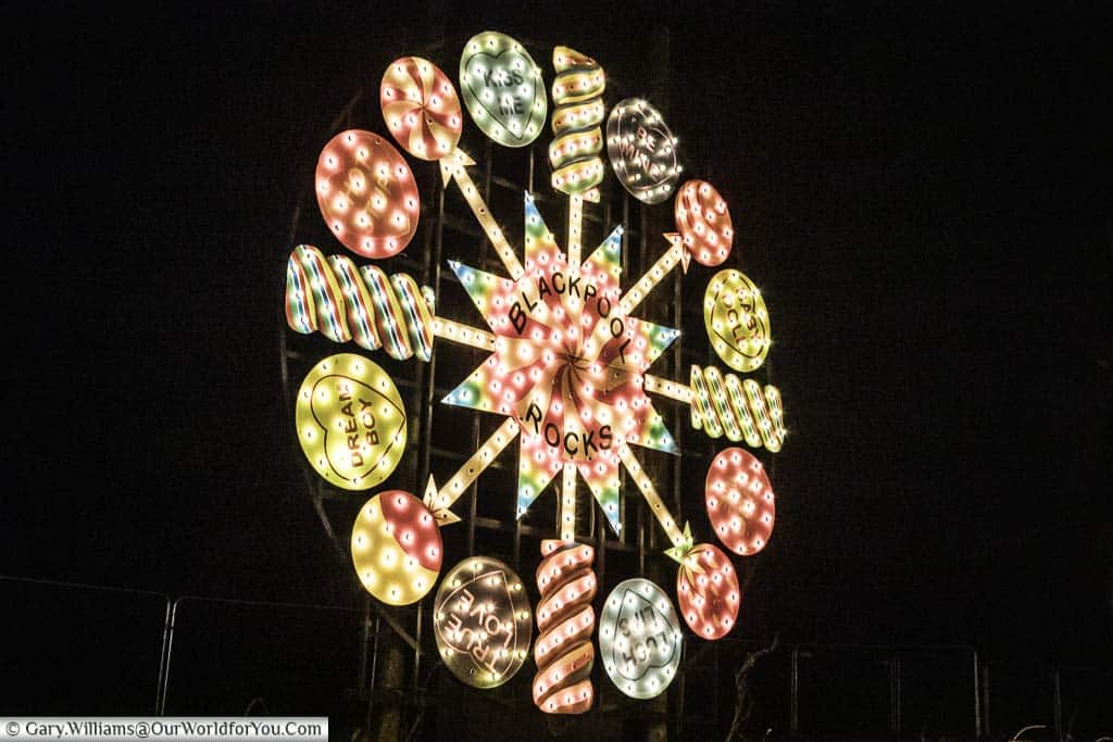 A Blackpool Illumination decoration featuring a selection of lollies protruding from a Blackpool rock centre.