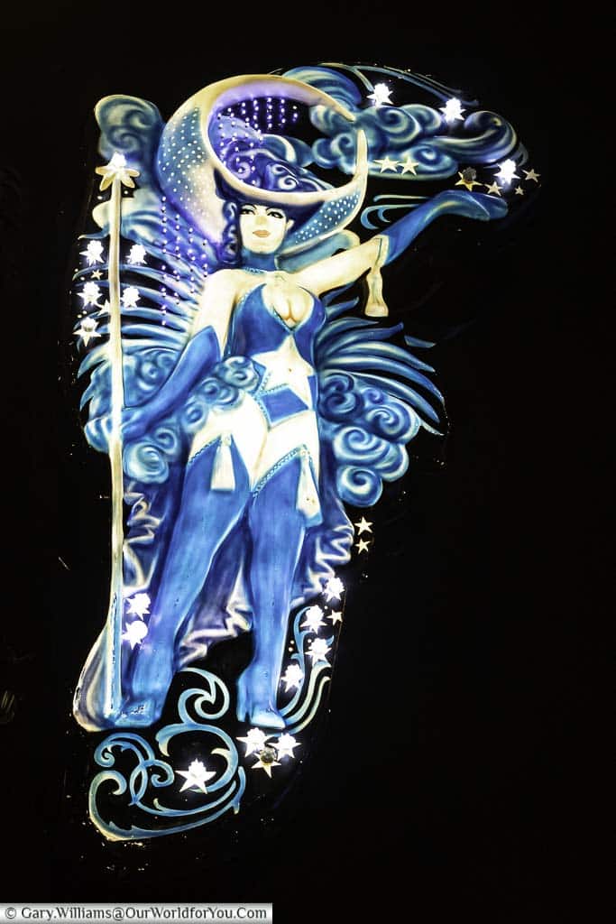 One of the lamp decorations for Blackpool's illuminations of a showgirl all in blue