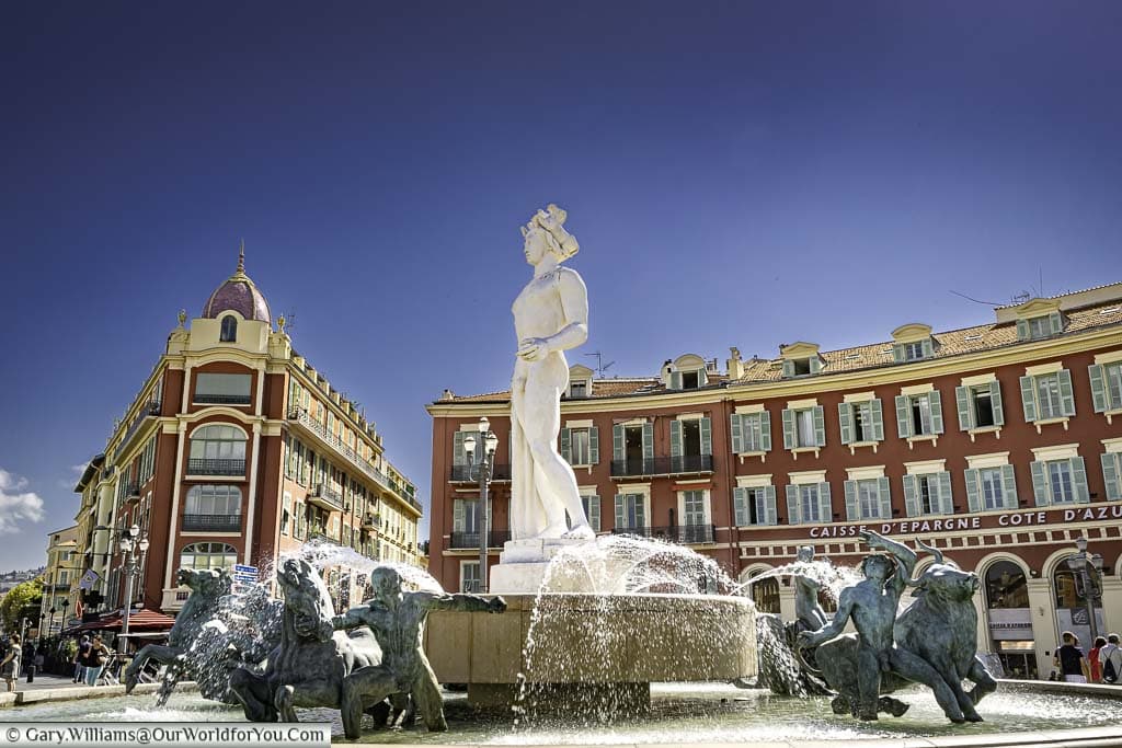 the famous sun fountain by alfred auguste (fontaine du soleil, 1956) on place massena, nice