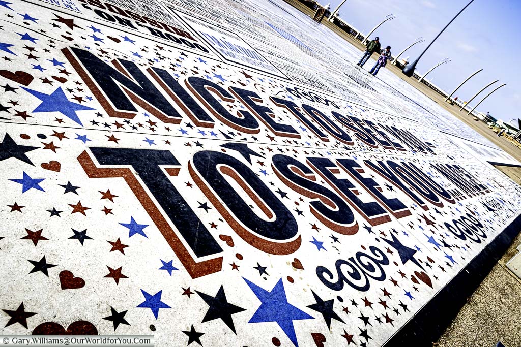 The Comedy Carpet outside the Tower Ballroom Blackpool with Sir Bruce Forsyth's famous catchphrase - 'Nice to see you, to see you nice!'