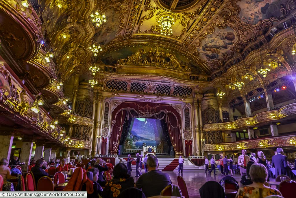 The view of the Blackpool's Tower Ballroom from the seated area at the edge of the dancefloor where you can admire the fantastic interior.