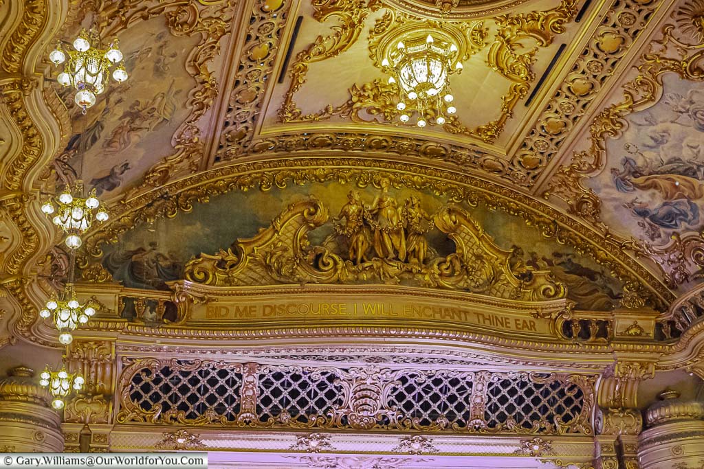 The elegant baroque styled ceiling, with its stylish light fittings, above the stage in the Tower Ballroom Blackpool