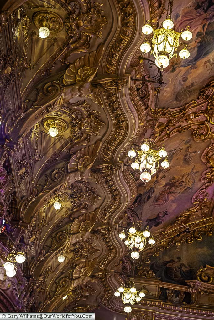 A close up of the chandeliers inside Tower Ballroom