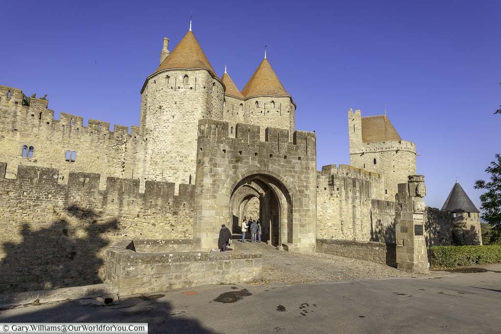 The gate at the entrance to the fortified city of Carcassonne in the south of France, a UNESCO world heritage site.