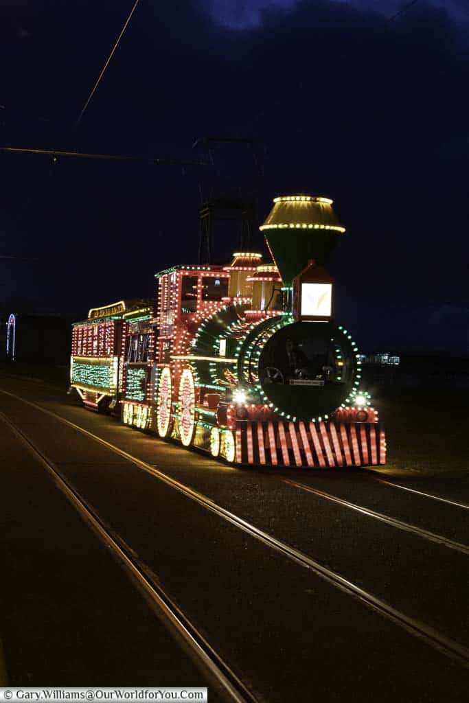 One of Blackpool's special trams for the Illuminations, decorated as a steam locomotive.
