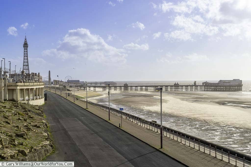 Blackpool's seafront from Wlton Parade, with the North Pier and Blackpool tower in the distance.