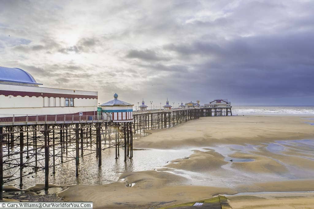 The North Pier on Blackpool's seafront after the tide has gone out.