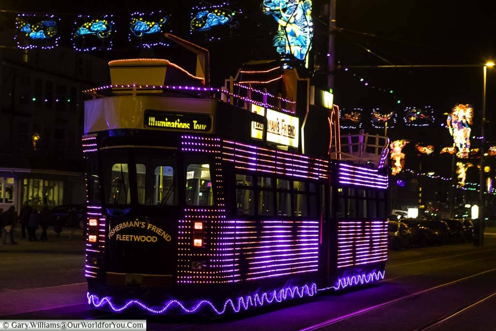 The decorated 'Trawler' tram, passing us along the Blackpool promenade during the Blackpool Illuminations.
