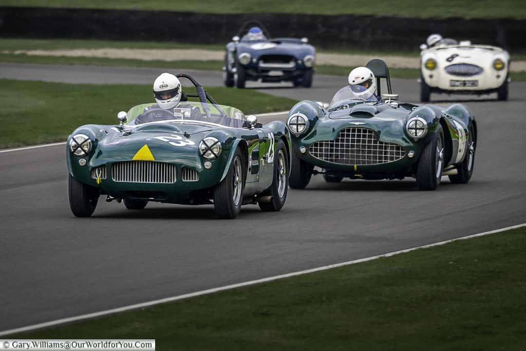 three cars chasing a 1950's metallic green jaguar through the lavant corner at the goodwood revival classic car race meeting