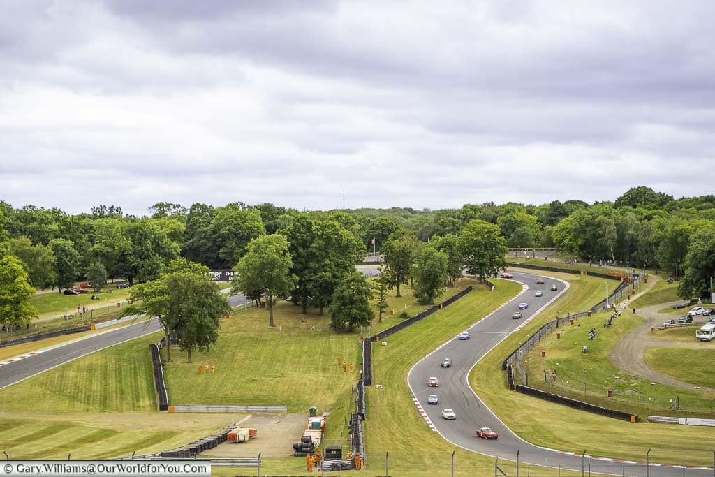 the view from the paddock hill bend grandstand overlooking the brands hatch motor racing circuitin kent, england