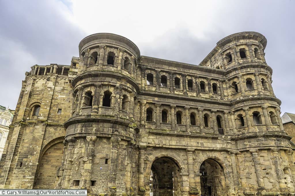 The magnificent stone roman porta nigra stands 29 meters high on the ring road around the german city of trier