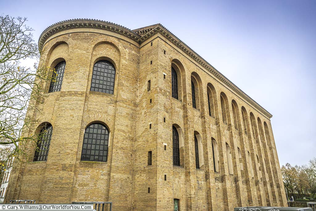 looking up at the huge brick build aula palatina roman basilica in trier, germany