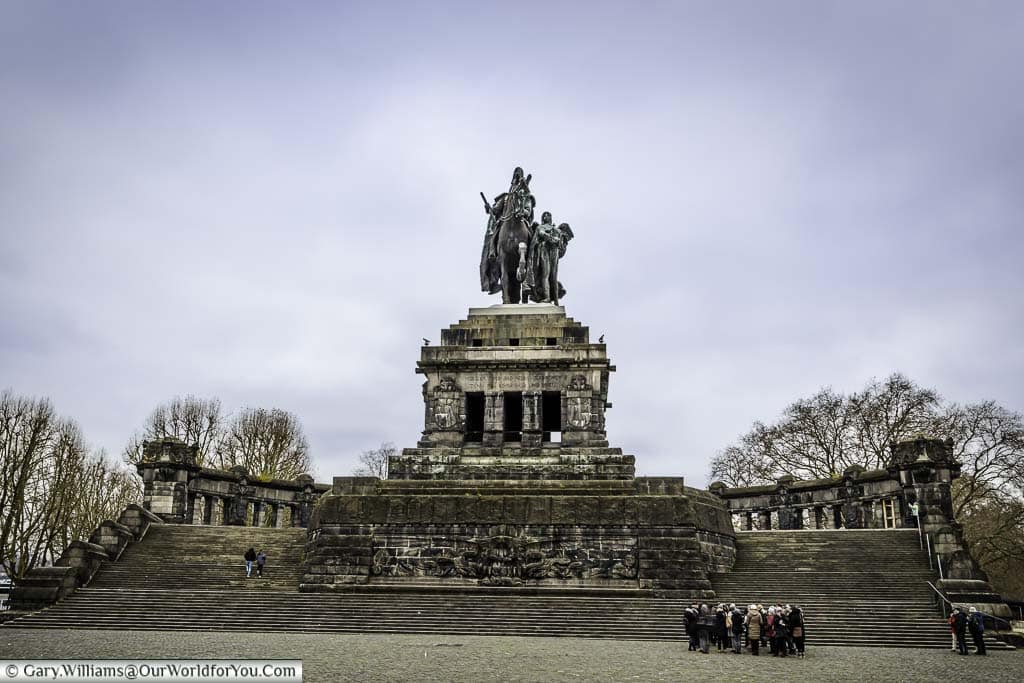 The massive equestrian monument of William I at Deutsches Eck or German Corner in Koblenz at the confluence of the moselle and the rhine rivers