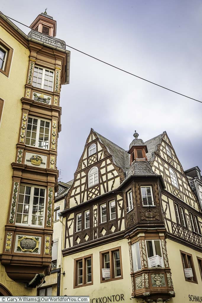 the intricate facade of two buildings on in the centre of Koblenz