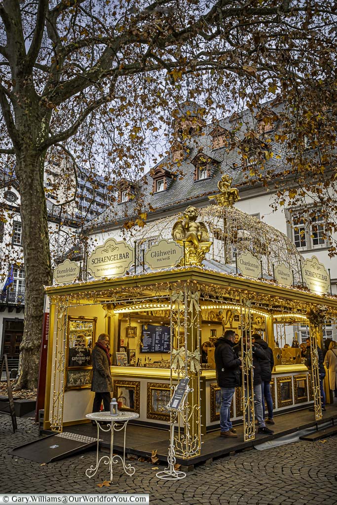 The ornate roof decoration of a food stall in the koblenz christmas market in Willi-Hörter-Platz