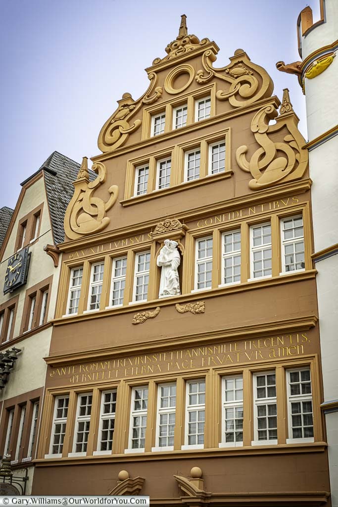 The historic red house in hauptmarkt, restored after war damage, in the centre of trier germany