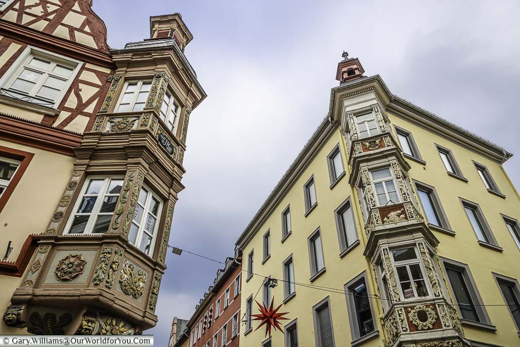 the intricate facade of two of the vier türme in the centre of Koblenz