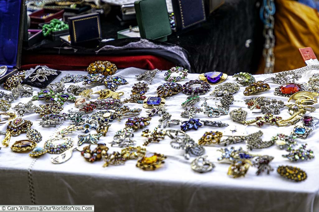 A selection of decorative broads laid out on a stall at the historic greenwich market