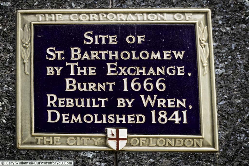 A glazed blue plaque to saint bartholomew by the exchange in the city of london demolished 1841