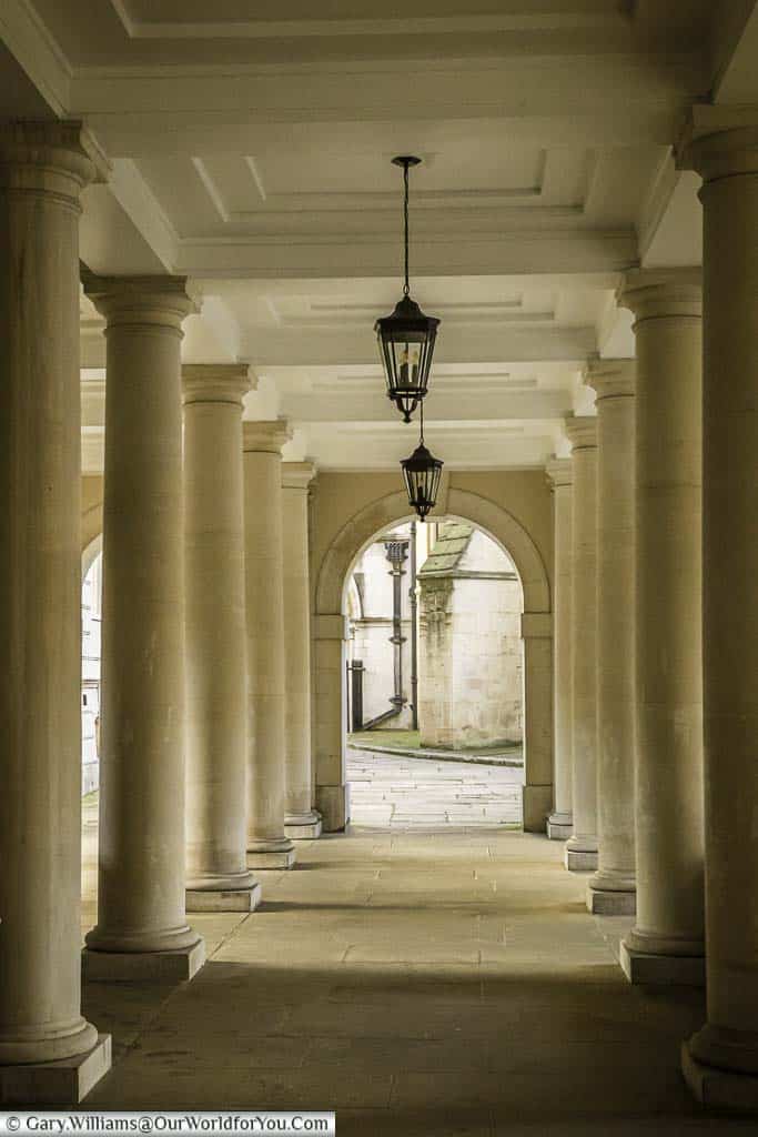 The view along a row of columns in pump court in the historic inner temple district of london