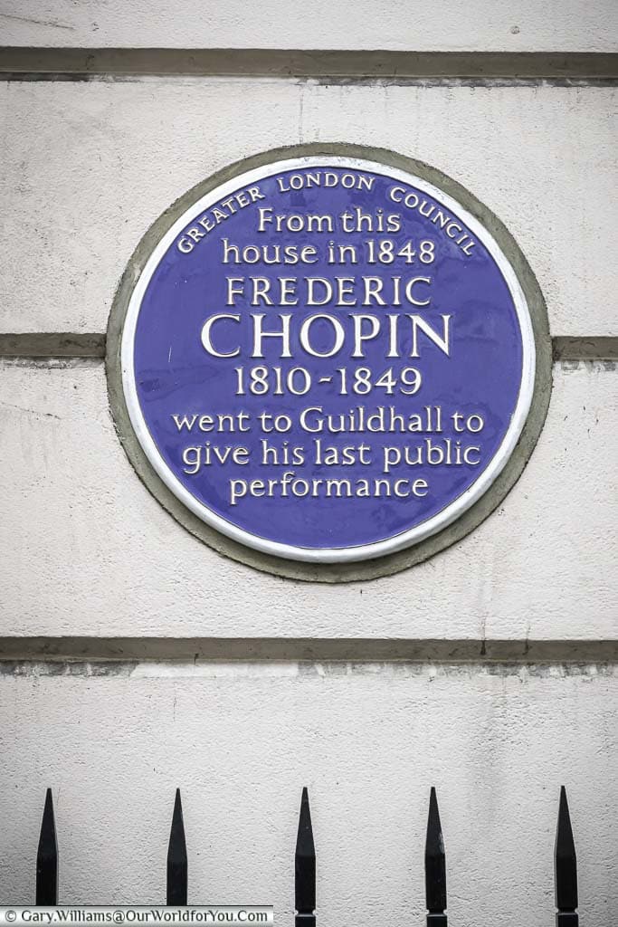 The Blue Plaque to Frederic Chopin in St James's place in the City of Westminster, London