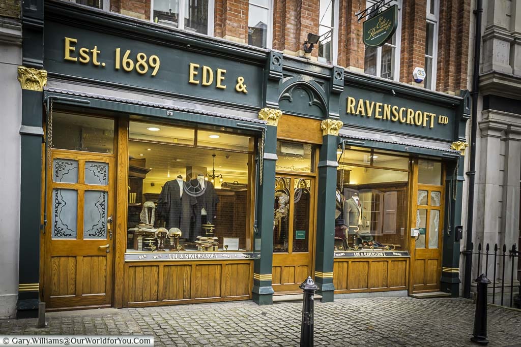 The shopfront of ede and ravenscroft ltd, suppliers of legal paraphernalia, in the heart of london's legal district