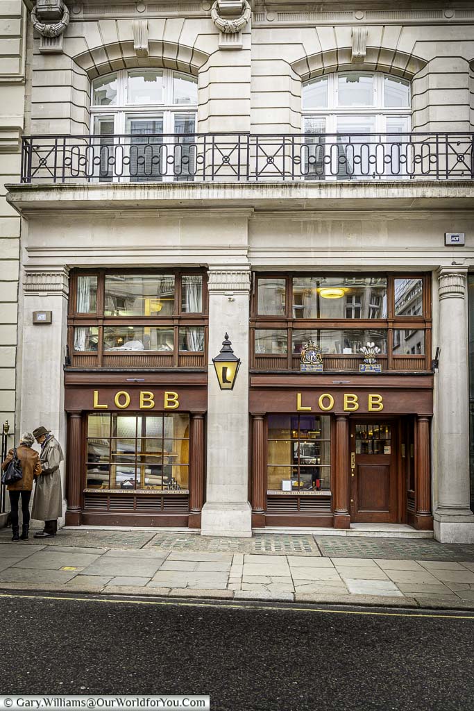 The frontage of the John Lobb shop, boot and shoemaker, on St James's Steet in the City of Westminster, London