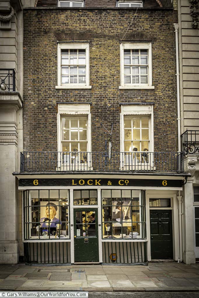 The frontage of the Lock & Co. Hatters on St James's Steet in the City of Westminster, London