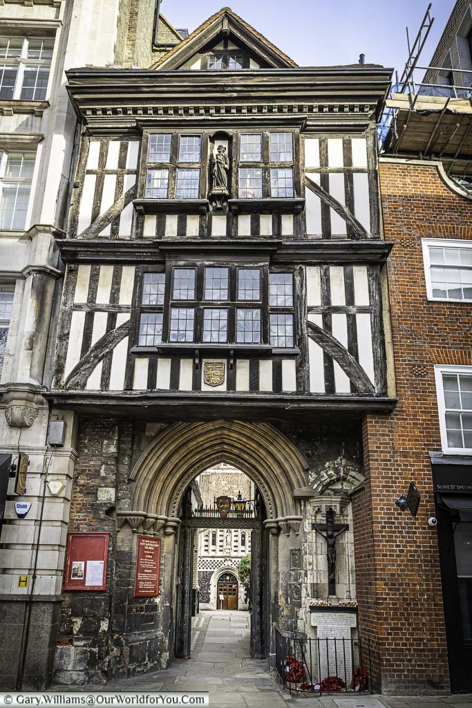 The medieval saint bartholomew-the-great gatehouse, leading to the saint bartholomew-the-great church in the historic smithfield region of the city of london