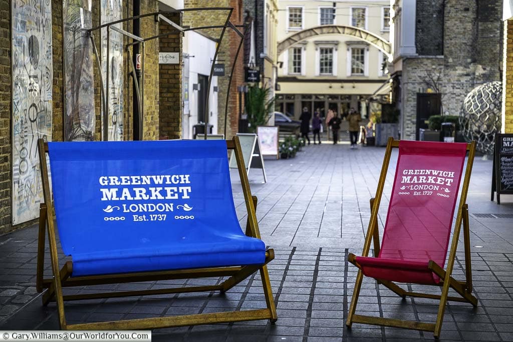 A single and double deckchair, emblazened with the greenwich market logon on dunford street leading from greenwich market