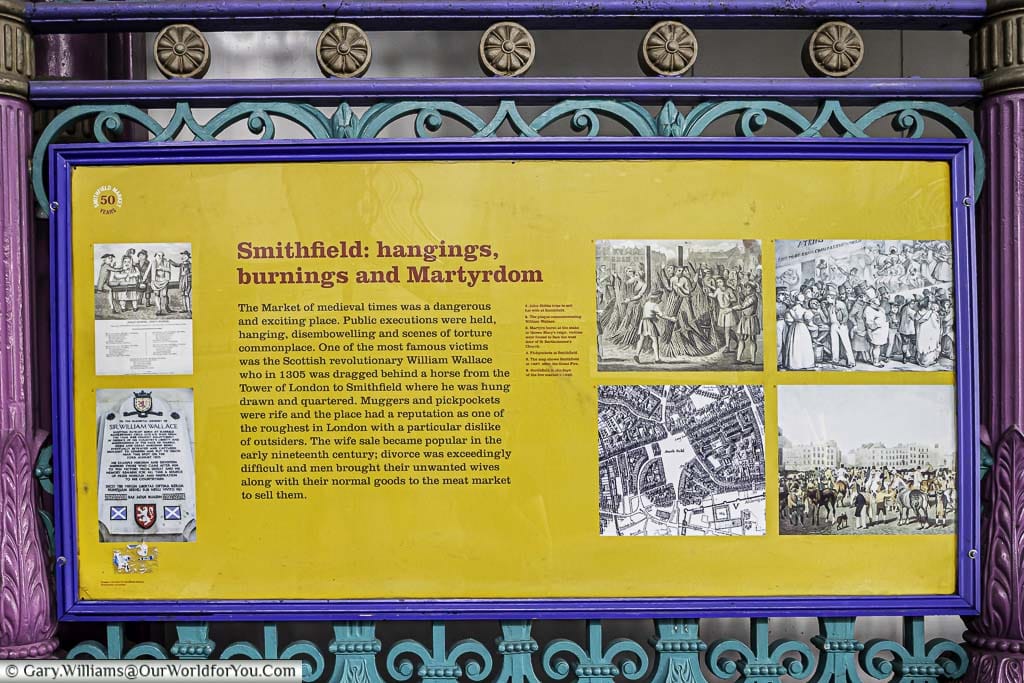 An information board in the centre of smithfield market detailing the history of this part of london