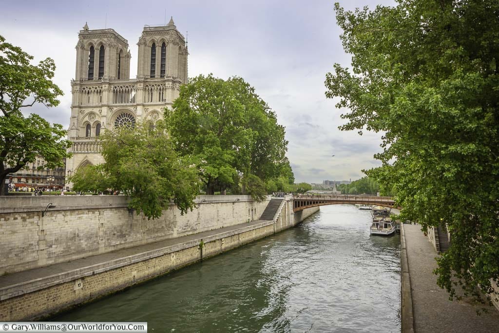 The river seine as it flows past the cathédrale notre-dame de paris on a summer's day