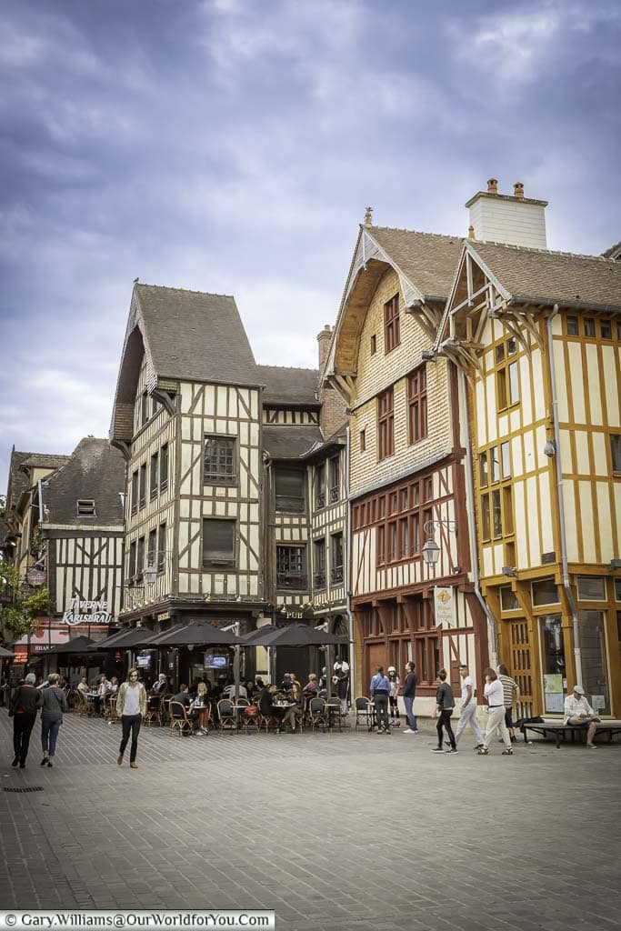 The tall half-timbered building at the centre of the historic centre of troyes in the champagne region of france