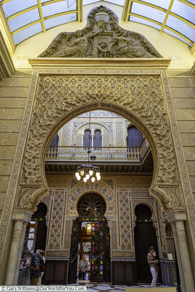 The arabic, mudejar, inspired archway leading to the entrance hall of the Casino de Murcia.
