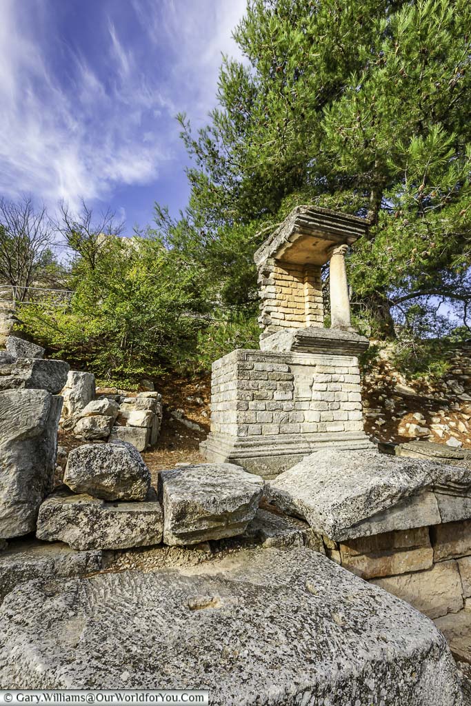 A small section of the remains of one temples at the archaeological site of glanum in the provence region of france