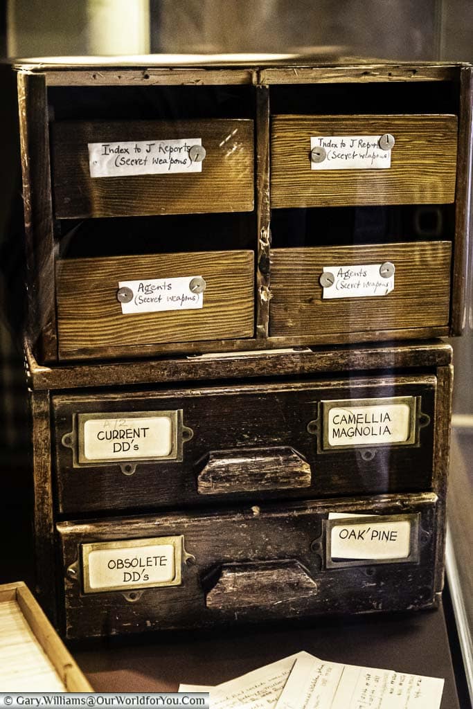 A set of small wooden filing drawers from the operational days of Bletchley Park