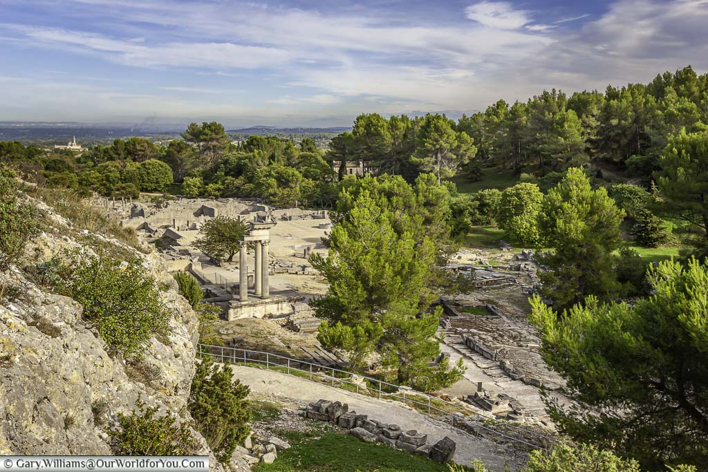 The view of the roman ruins at the glanum archaeological site from up on high