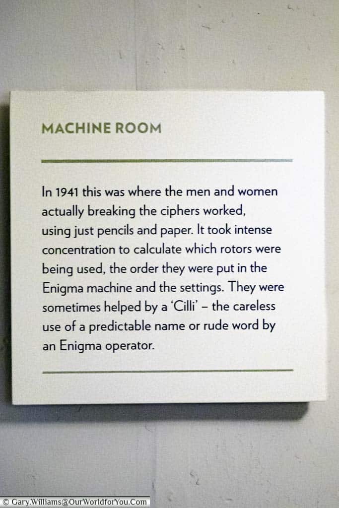 A sign for the Machine Room, a deciphering room within hut 6 at Bletchley Park.