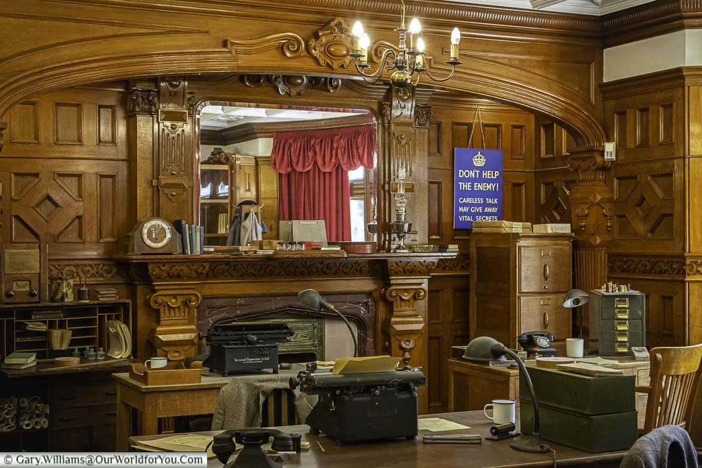 The panelled wood office in the mansion at Bletchley Park, laid out as it would have been whilst it was operational