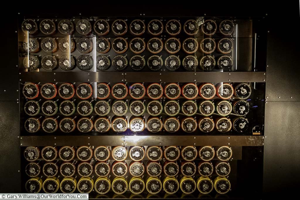 A vast array of dials on a replica Bombe Machine housed at Bletchley Park