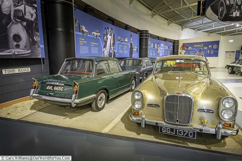 A green Triumph Herald and a golden Alvis on the Time Road at the British Museum