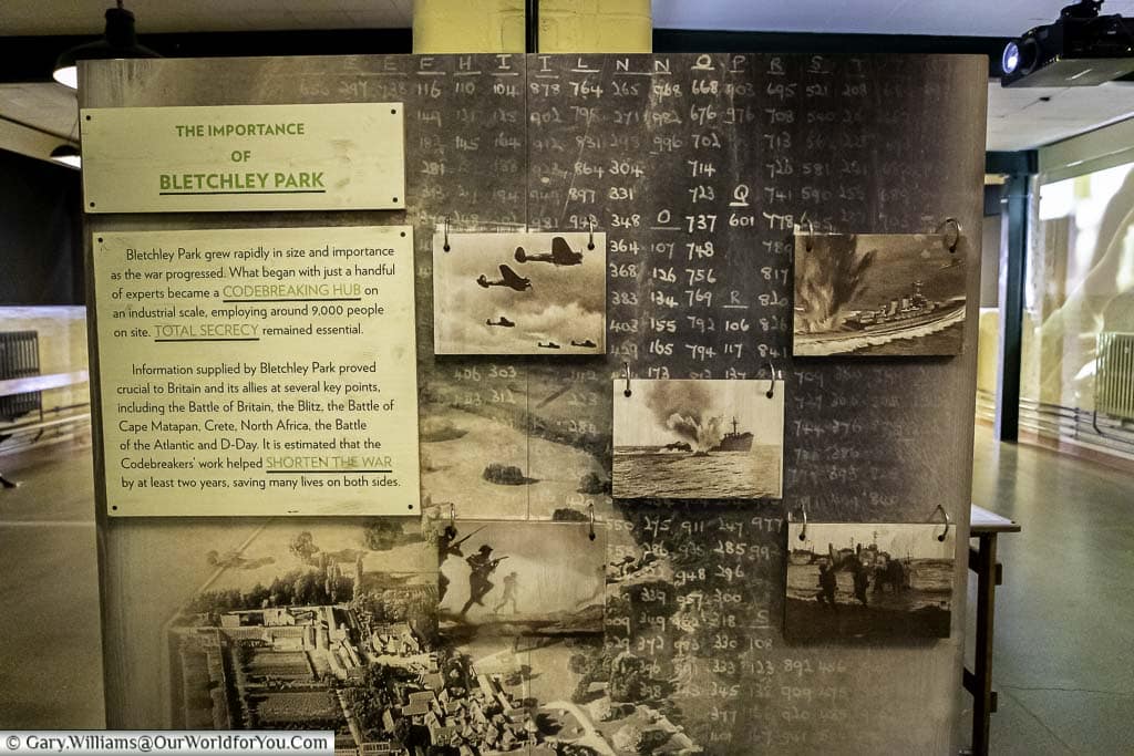 A stand-alone information board as you enter the Bletchley Park Museum detailing the 'Importance of Bletchley Park' against a backdrop of battle scenes.