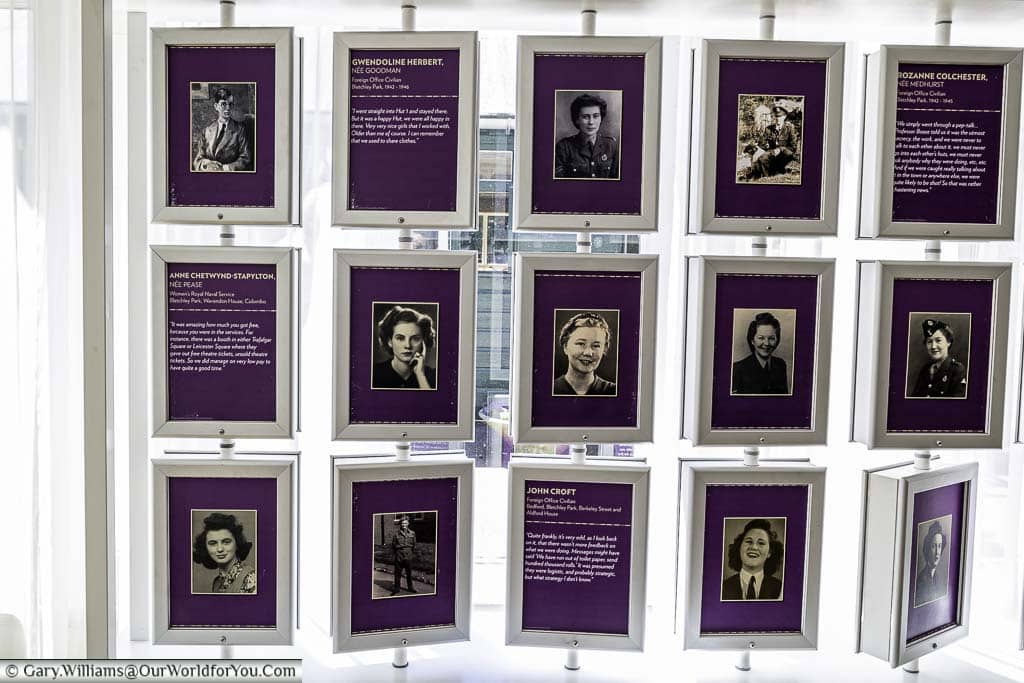 A modern storyboard, consisting of 15 individual images, of personnel that worked at Bletchley Park. Each one can be rotated to reveal their story.