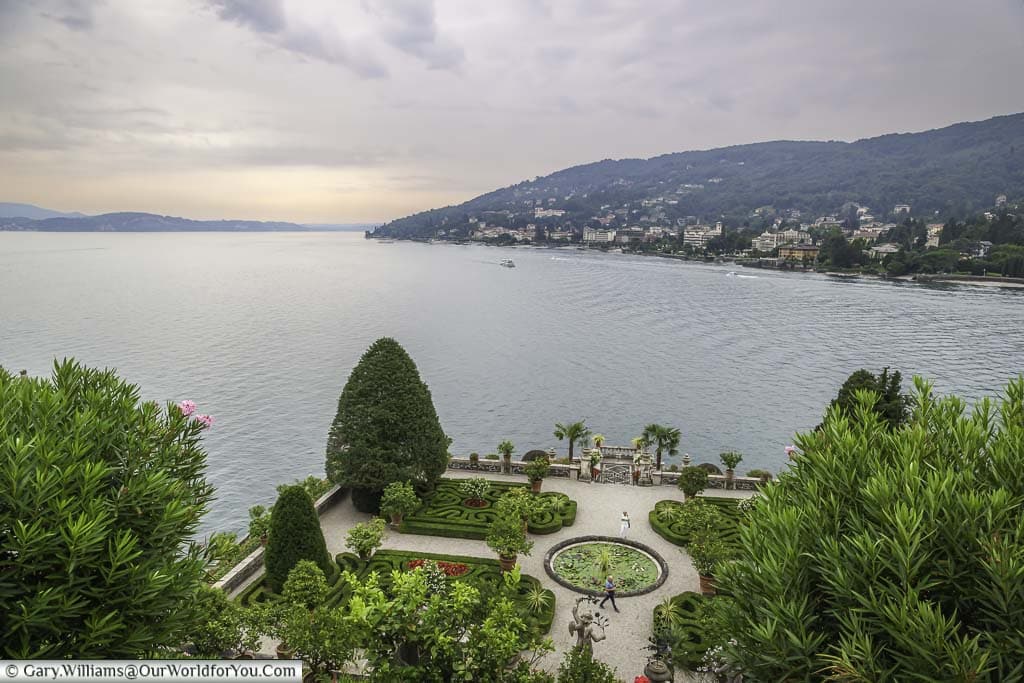 Overlooking the gardens of Isola Bella from a high viewpoint to the lake beyond, and the town of Stresa on the right bank of the lake.