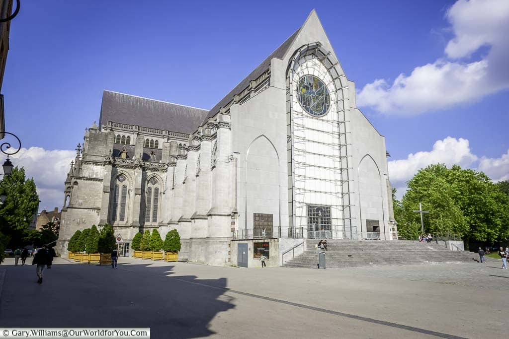 The modern facade of the Notre-Dame-de-la-Treille Cathedral in Lille.