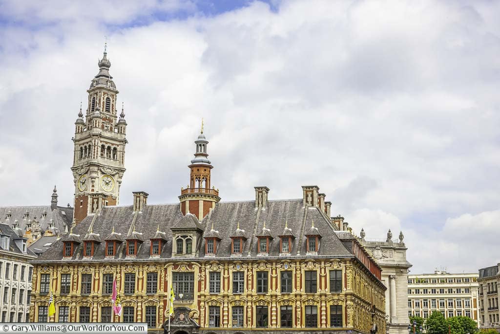 Lille's Old Stock Exchange with the Belfry of the Chamber of Commerce in the background.